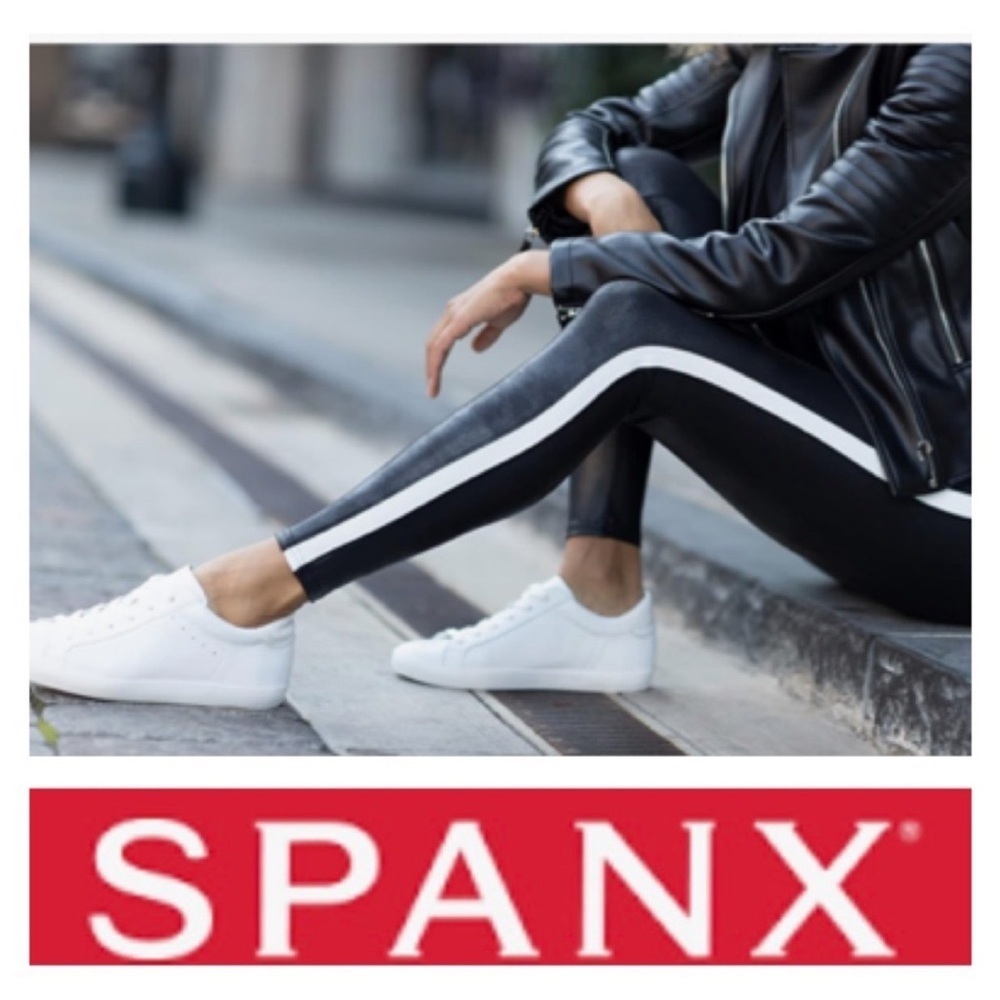 SPANX Faux Leather Leggings Tummy Control With Side Stripe Size L Tuxedo Pants - Picture 3 of 12